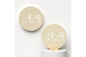 mooas Wood Moon Cordless Mini Digital LED Wall Clock, Date, Temperature, Auto Brightness, Digital Wireless Wall Clock Modern Minimalist Décor for Office Livingroom Bedroom, Wall Mount/Wooden Stand