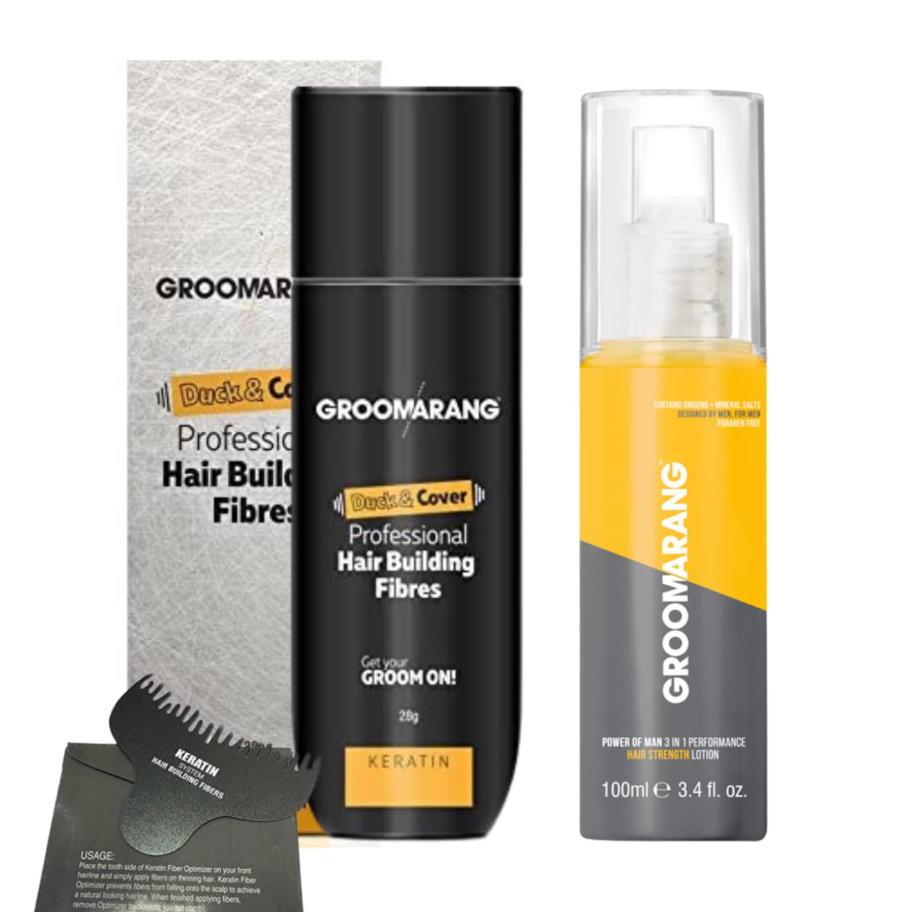 Hair Fibres GROOMARANG Keratin Hair Building Fibres for Thinning Hair - Instantly Conceals Thinning Areas for Fuller Thicker Hair - For Men & Women 28g + Hair Loss Lotion & Optimiser (Light Brown)