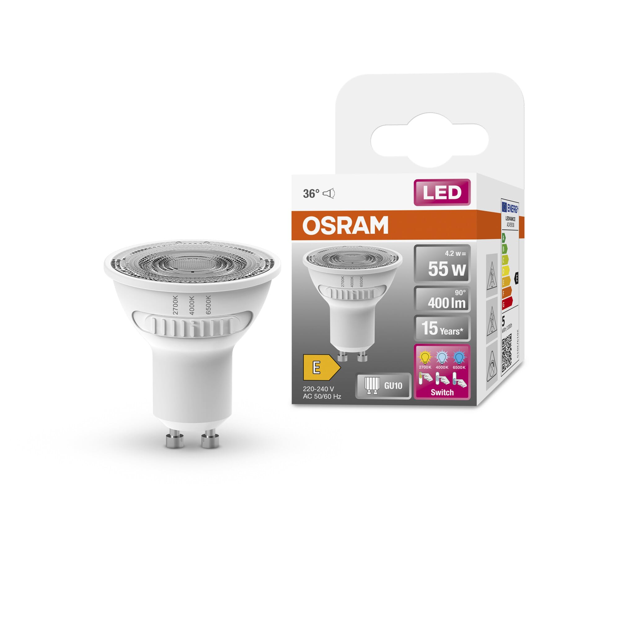 OSRAM Led Spot Par16 55 with Three Light Colors, Gu10, 4.2W, 400Lm, 2700K - 6500K, Warm, Cold and Daylight White, Color Temperature Changes, Very Low Energy Consumption, Long Life