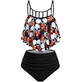 DRESSFO Retro Bikini Sets for Women Two Piece Vintage Gothic Skull Print High Waisted Tankini Swimsuits Bathing Suit