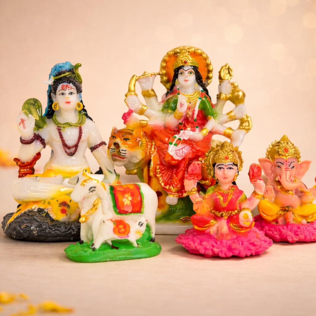 IBA Indianbeautifulart Lord God & Goddess Handcrafted Resin Statue Set Of 5 Idol For Car Dashboard Figurines Home Decor