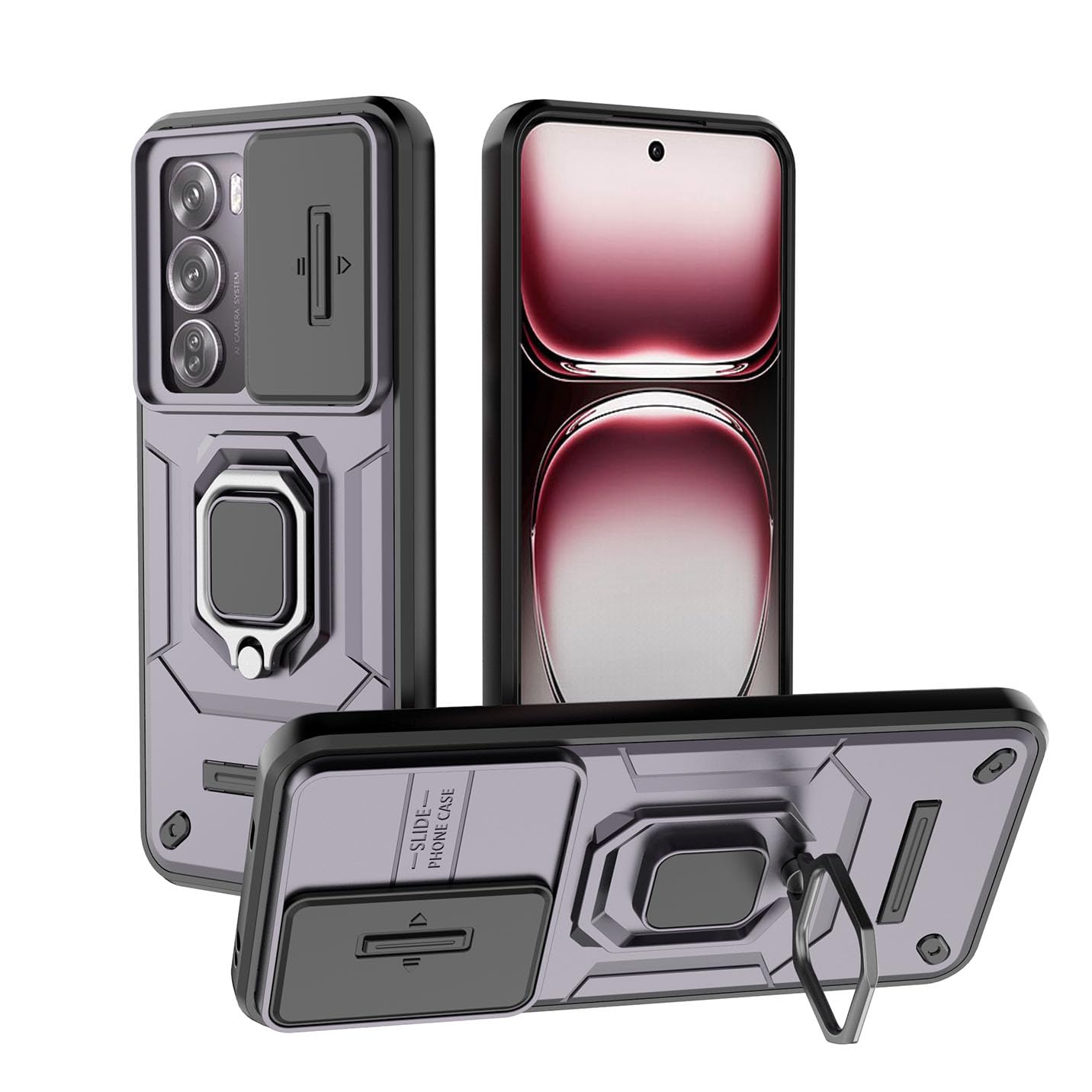 BORYA Case for Oppo Reno12 Pro 5G (Reno 12 Pro 5G), Shockproof Soft Premium Silicone PC+TPU Military Grade Anti-Drop Cover, with Slide Camera Cover, Ring Metal Magnetic Kickstand. Purple