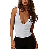 REORIA Women's Sexy Plunge Deep V Neck Sleeveless V Backless Tank Top Workout Yoga Crop Tops