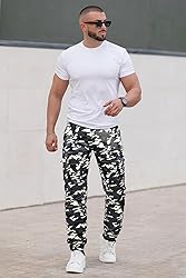 GINGTTO Mens Cargo Moto Pants White Camo Leather