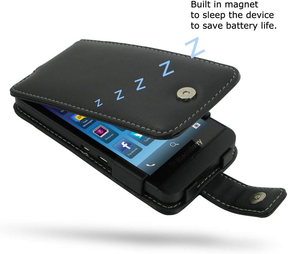 Pdair Flip Case for BlackBerry Z10 Hand Made Leather Soft Protective Carry Cover with belt clip – Black