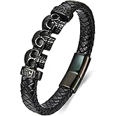 BIYONGDE Mens Black Braided Leather Skull Bangle Bracelet, Stainless Steel Three Skull ID Identification, Gothic Punk Rock