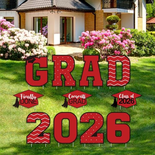 Tatuo 11 Pcs Graduation Yard Sign Decorations Congrats Graduation Lawn Signs 2026 Grad Yard Decor with 23 Stakes for Outdoor Grad Party(Simple Style,Red) — image 1
