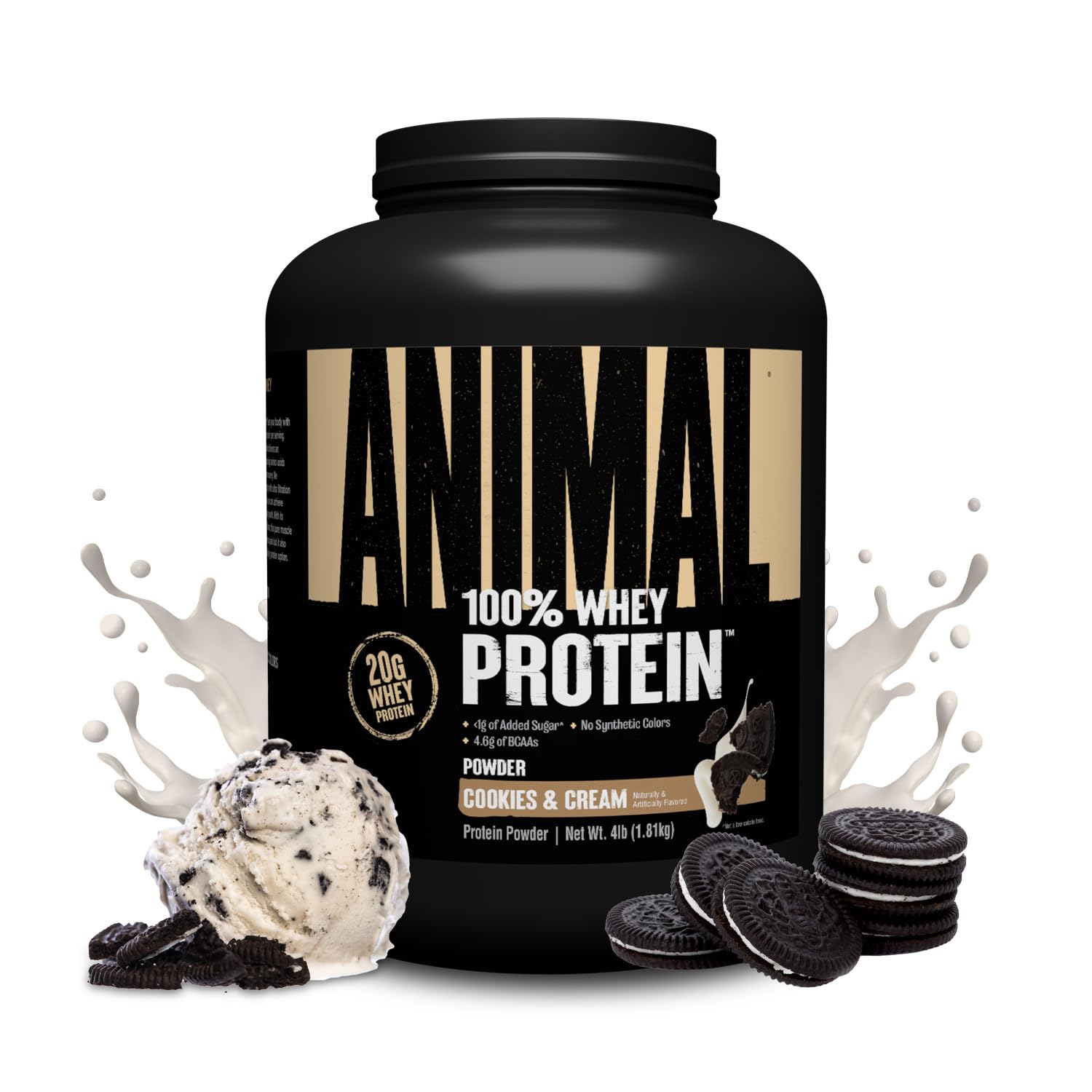 Animal 100% Whey Protein Powder – Whey Blend for Pre Workout or Post Workout, Recovery, Anytime Low Sugar Protein Boost Meal Replacement with BCAA Branched Chain Amino Acids – Cookies & Cream, 4 lb Image