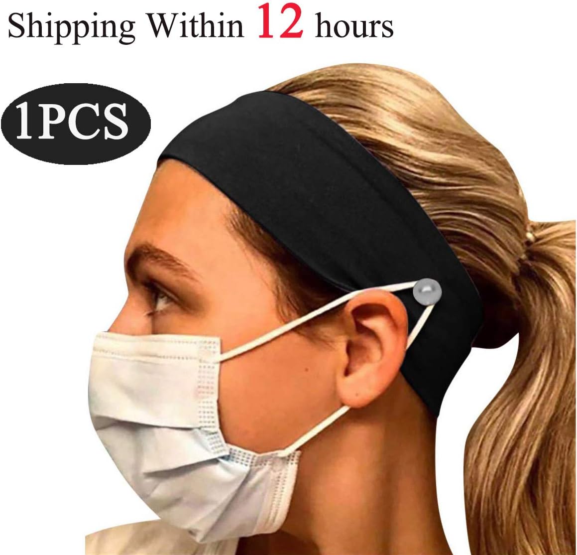 Button Headband Medical Facemask Holder for Women or Men Who Wearing a Mask,Ear Protector (Black)