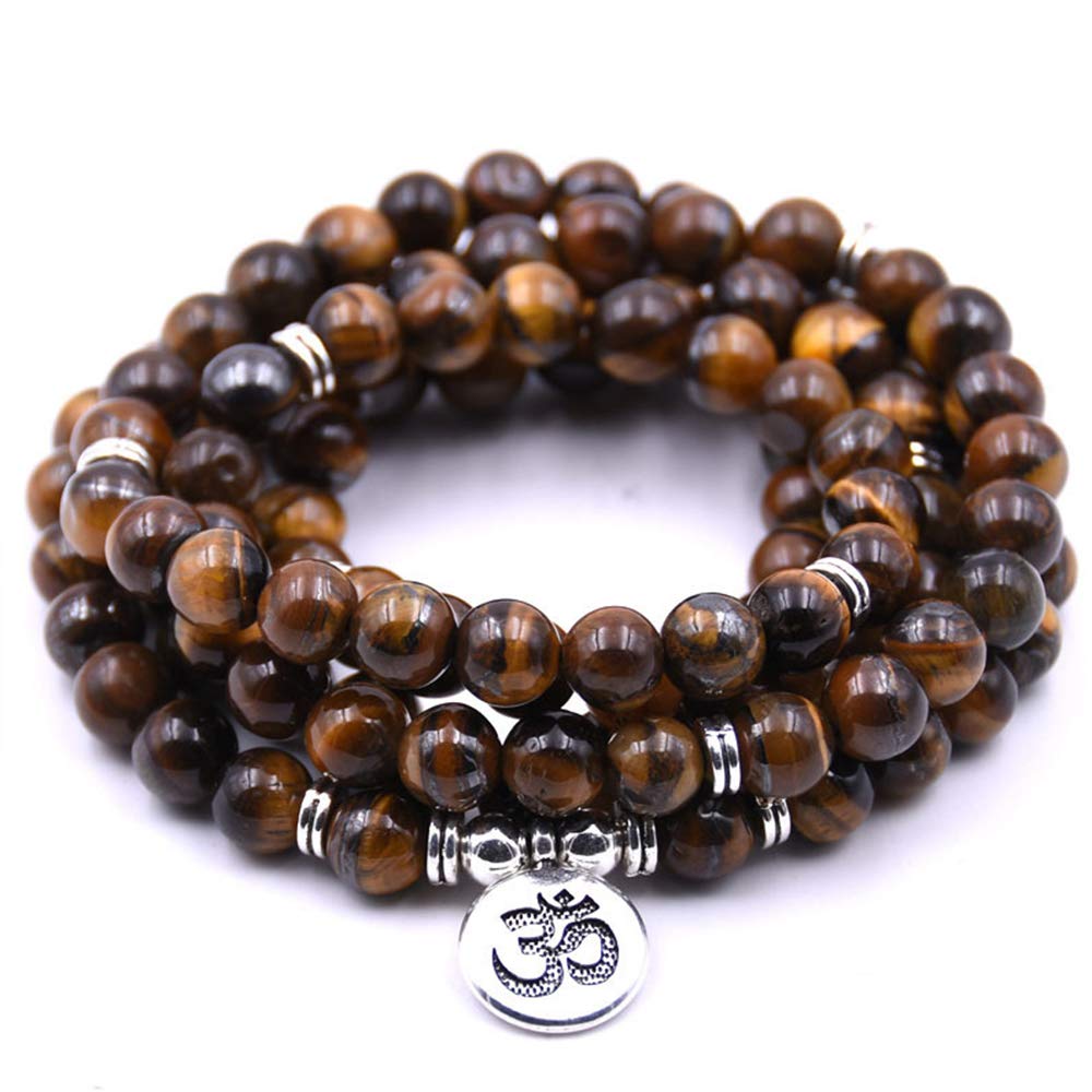 Self-Discovery 108 Natural Beads Mala Yoga Jewelry Meditation Beads Bracelet Necklace with Yoga Symbol Charm (Brown Tiger Eye)