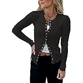 HERILIOS Women's Long Sleeves Snap Button Down Blouses Stretchy Waffle Knit Basic Crew Neck Shirts