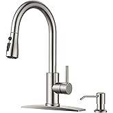 FORIOUS Kitchen Faucets with Soap Dispenser and Pull Down Sprayer, Brushed Nickel, Bar High Arc Single Handle Classic 3 Modes Stainless Steel Faucet for Kitchen Sink Farmhouse RV Laundry Camper