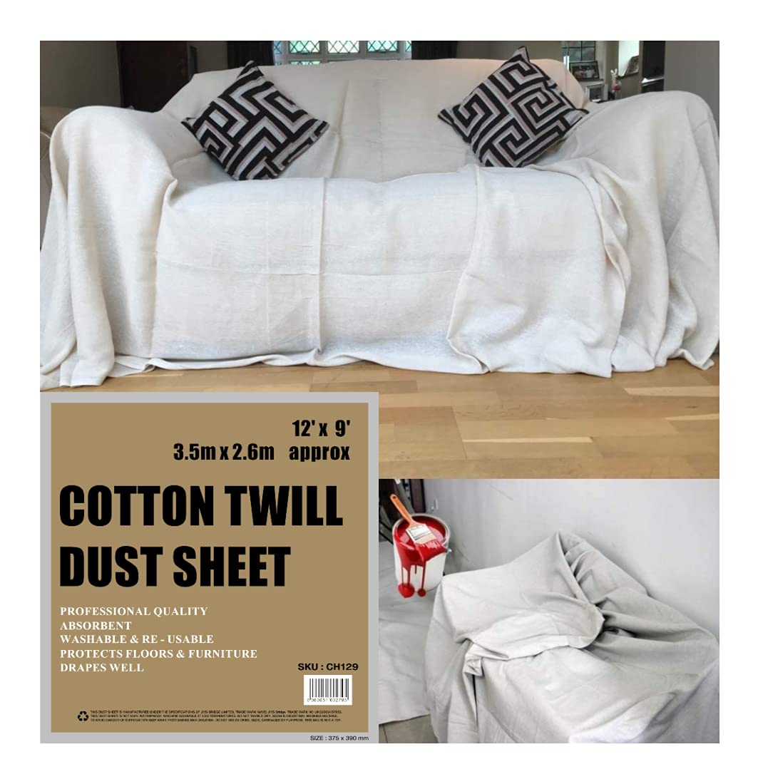 3 x Cotton Twill DUST Sheets Professional Quality for Painting, Furniture and Decorating. Large Size : 12ft x 9ft. *** Pack of 3 Sheets*** (3xCH129)