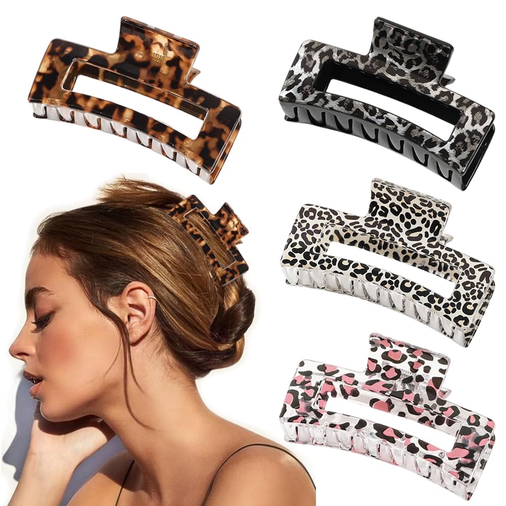 Hair Claw Clips, 4pcs Hair Jaw Clips Non slip Strong French Hold Butterfly Square Rectangular Clips Leopard Print Stylish Hair Accessories Vintage Clip for Women Girls Thick Thin Curly