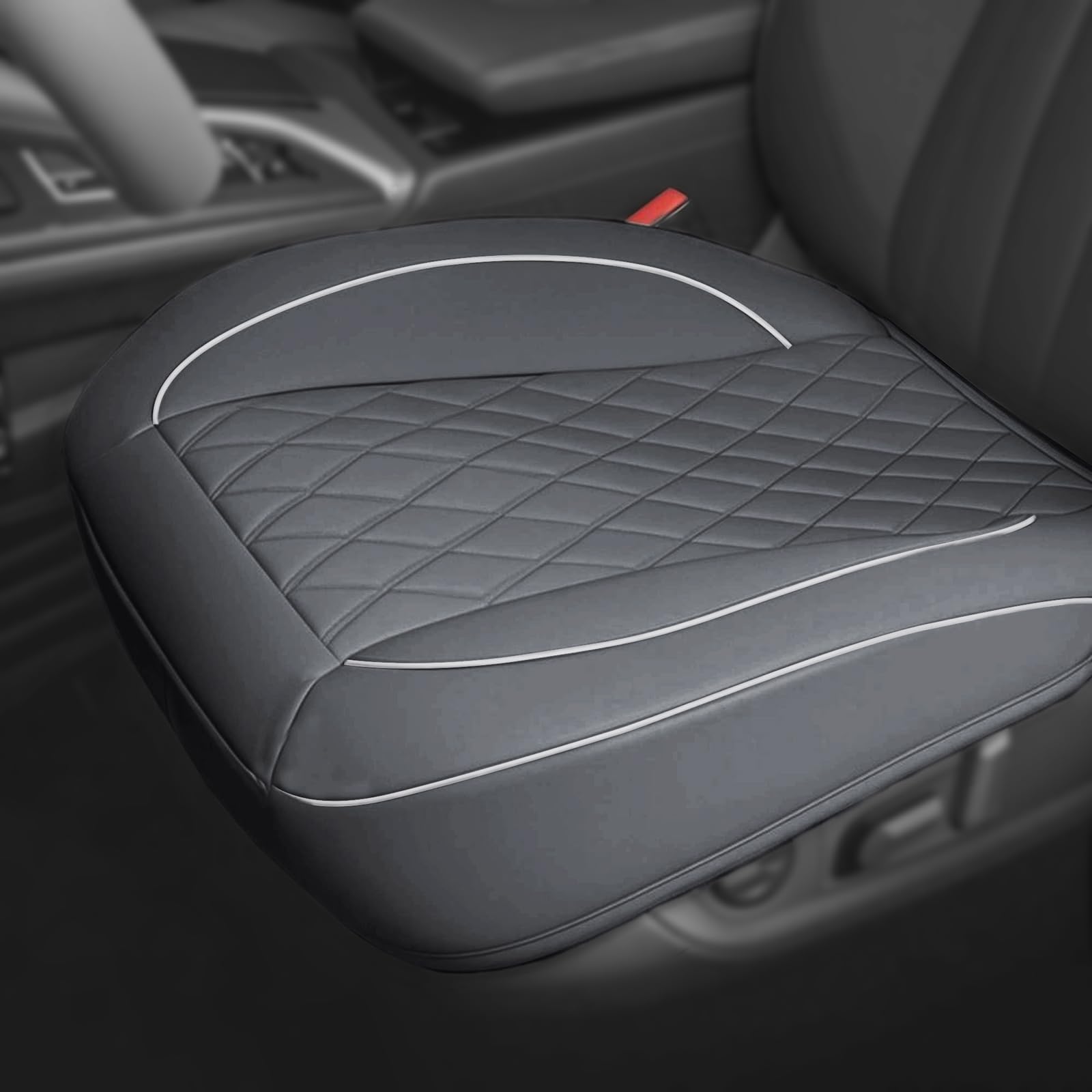 Photo 1 of 1 Pack PU Leather Quilting Front Car Seat Cover, Anti-Slip Full Wrap-Around Bottom Seat Protector Cushion with Storage Pocket, Universal Fit for Most Vehicles