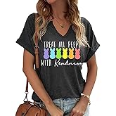 Earlymemb Womens Happy Easter Day V Neck Shirt Funny Bunny Rabbit Eggs Graphic Short Sleeve Tee Spring Casual Christian Tops