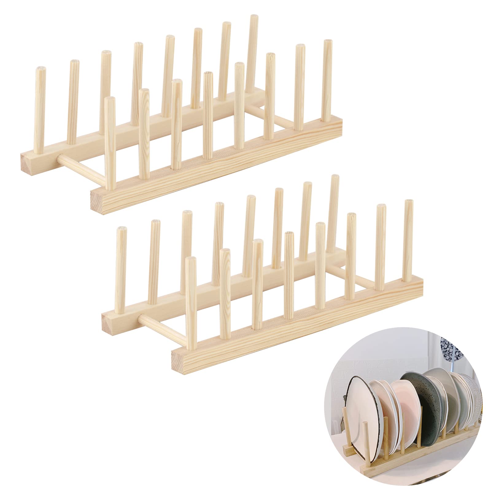 XIACIBDUS 2 PCS Wooden Dish Rack, Plate Stand Racks, Wooden Dish Drainers Pot Lid Holder, Kitchen Cabinet Organizer for Bowl Cup Cutting Board Book