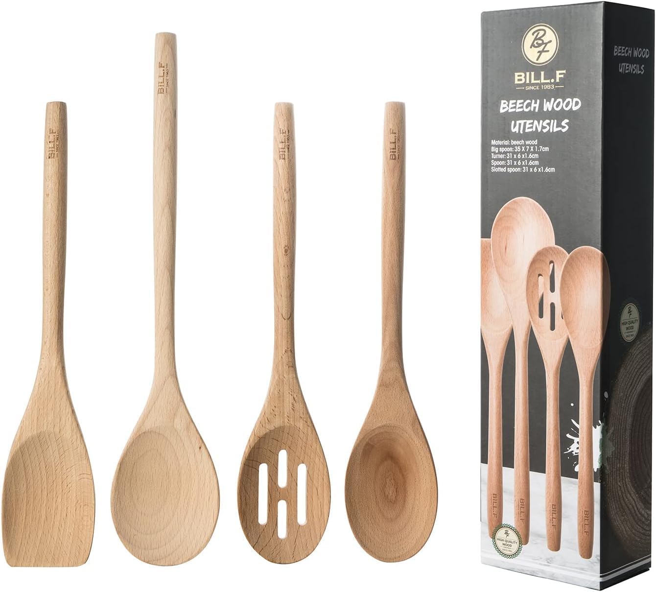 BF BILL.F SINCE 1983 Beech Wooden Cooking Utensil Set & Spoon Set, Kitchen Cooking Tools Kitchen Gadgets 4 Pieces Spoon & Spatula Mix Perfect for Nonstick Pots and Pans Cookware Turner