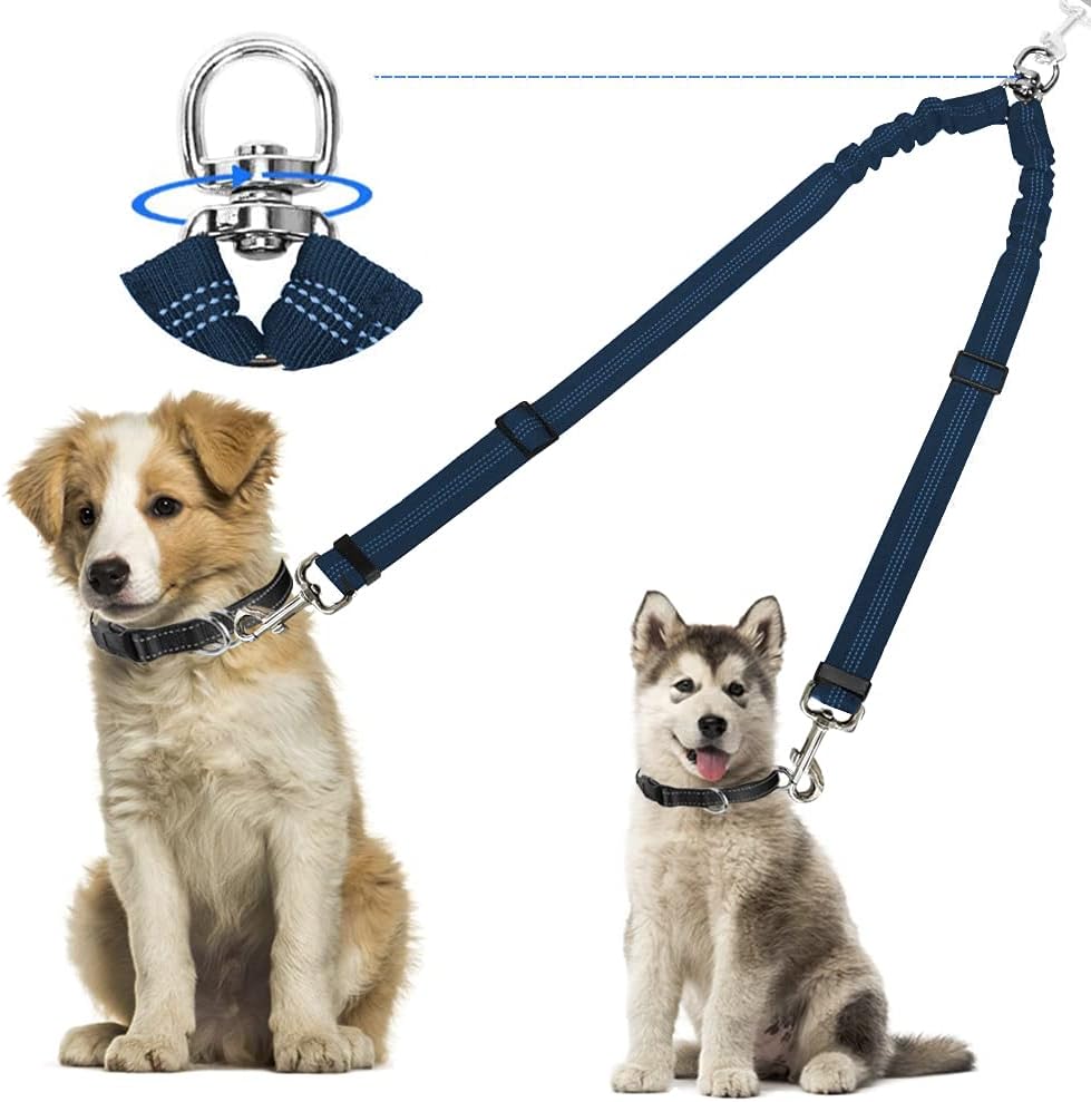 Kelivi Double Dog Lead Coupler 360° Swivel No Tangle Reflective 24in Blue