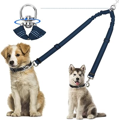 Kelivi Double Dog Lead Coupler 360° Swivel No Tangle Reflective 24in Blue