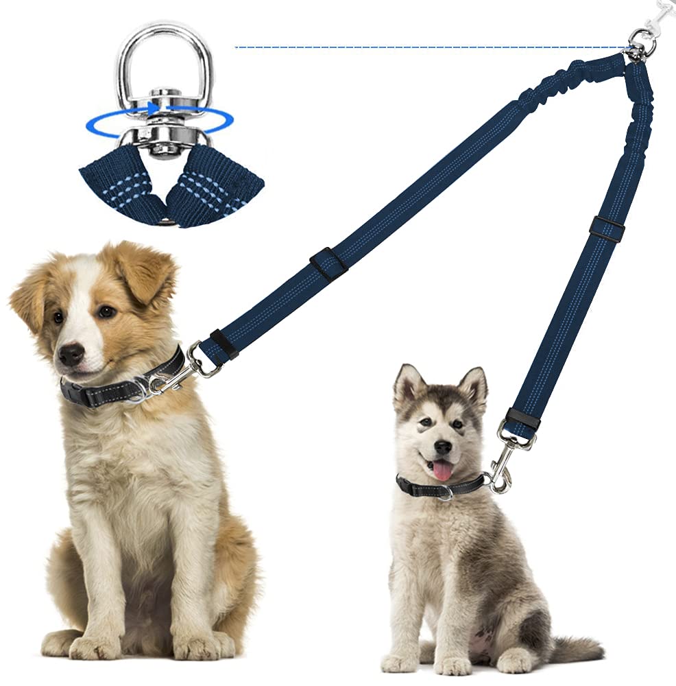 Kelivi Double Dog Lead Coupler, No Tangle 360°Swivel Rotation Two 2 Splitter, Heavy Duty Adjustable Bungee Reflective Dual Leash for Walking Medium Large (Blue)
