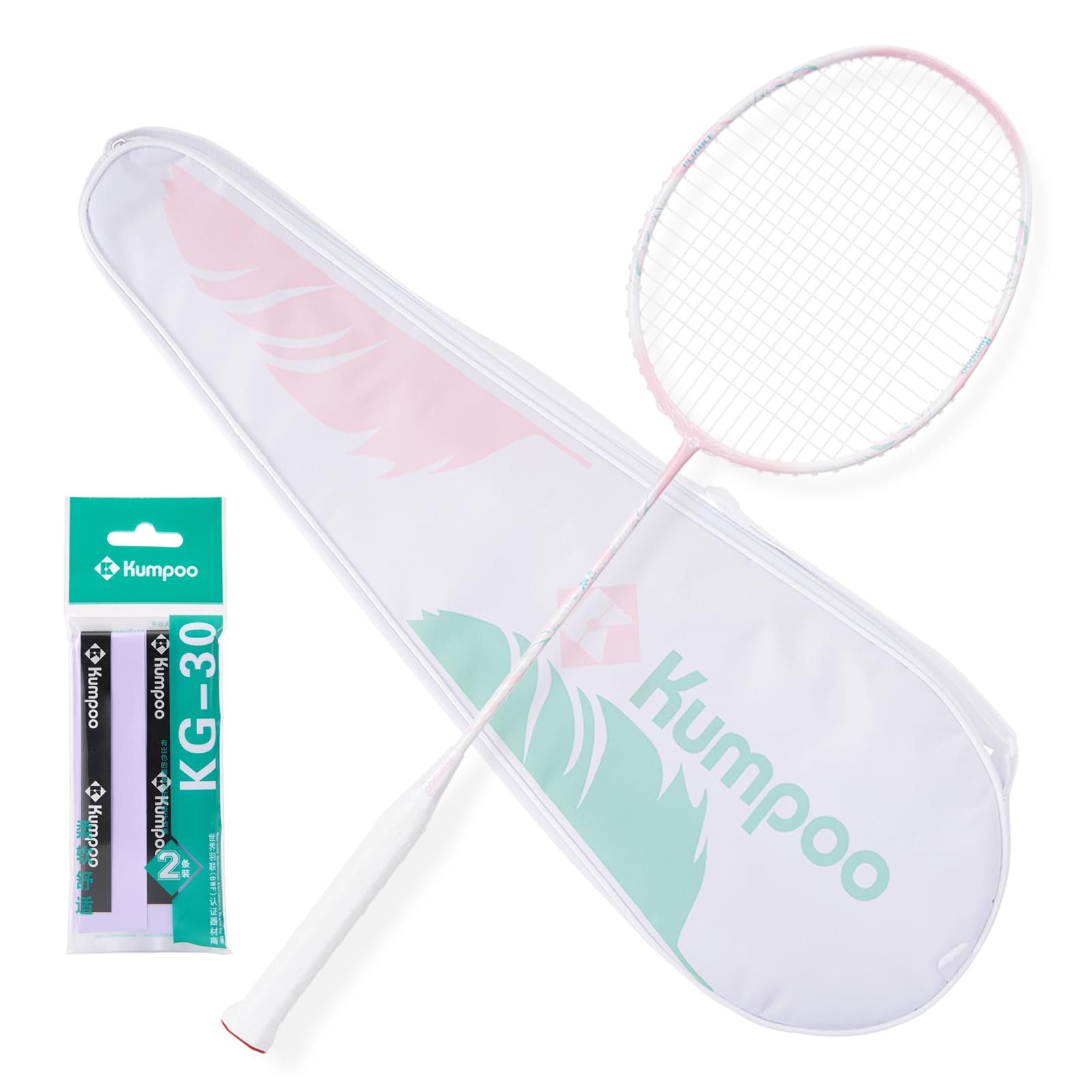 KUMPOO Badminton Racket Professional, 5U Carbon Fiber Badminton Racket Lightweight for Outdoor, Garden, Backyard, Pink Badminton Racquet Set with Grip and Bag, YULING Pink