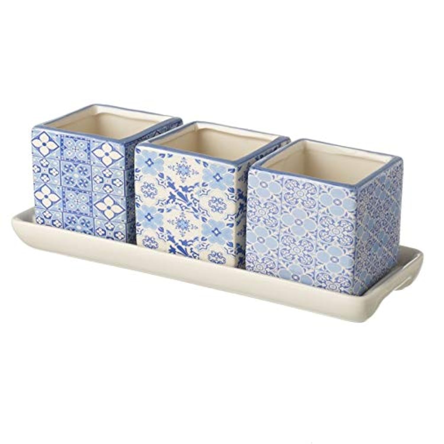 Heaven Sends Set Of 3 Square Ceramic Plant/Herb Pots On Plate