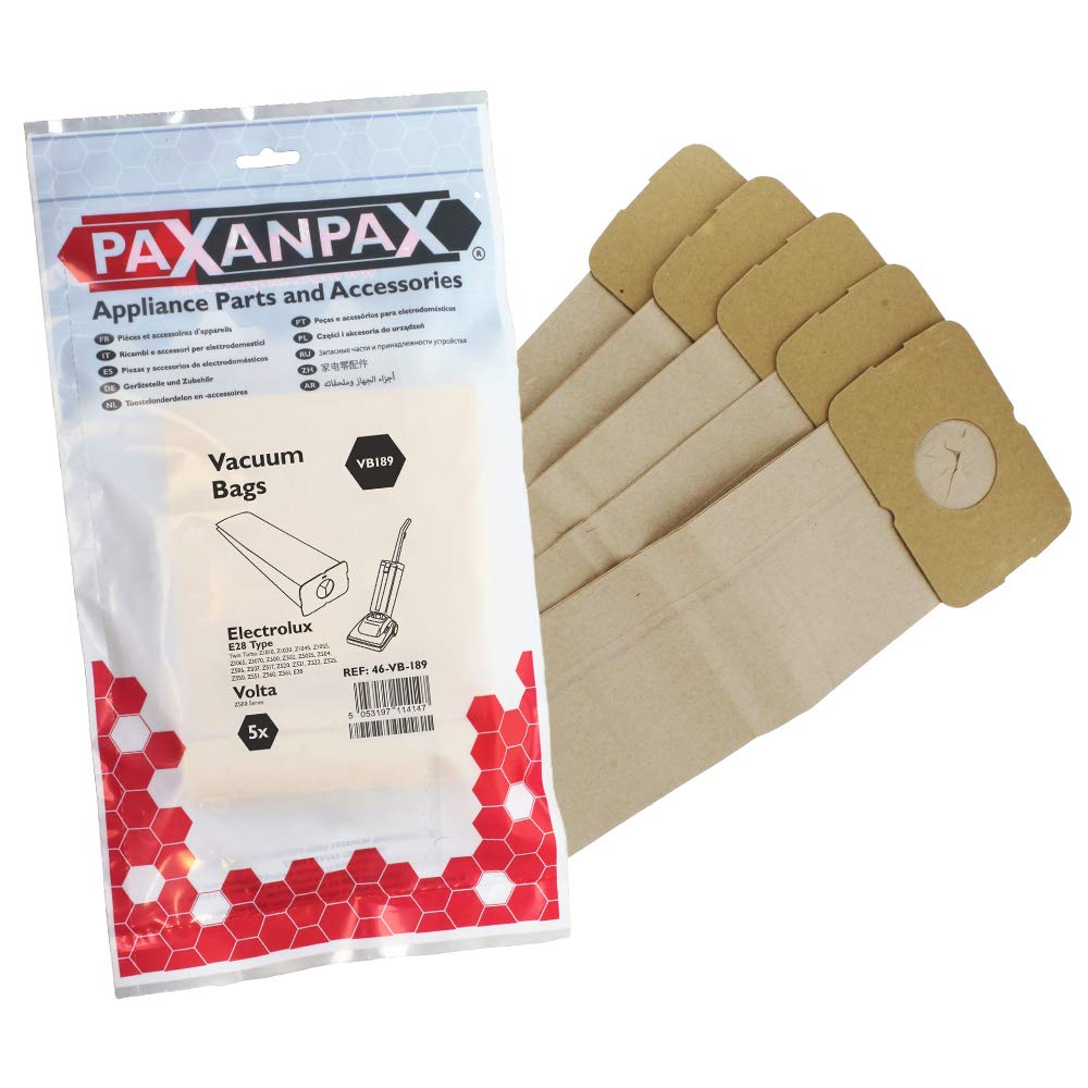 Paxanpax VB189 Compatible Paper Bags Electrolux 'E28' Z500, Twin Turbo, Masterlux Series (Pack of 5)