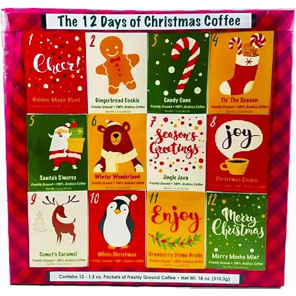 Amazon Com Christmas Sampler Gift 12 Days Of Coffees Christmas Gourmet Gift Box Set Flavored Coffee Best Xmas Present For Friends Family Corporate Coworkers Or Teachers Coffee Grocery Gourmet Food