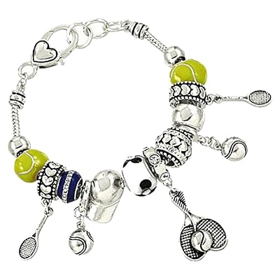 Jewelry Silvertone Beautiful Sports Tennis Racket Themed Bead Clasp Closure Charm Bracelet with Gift Box