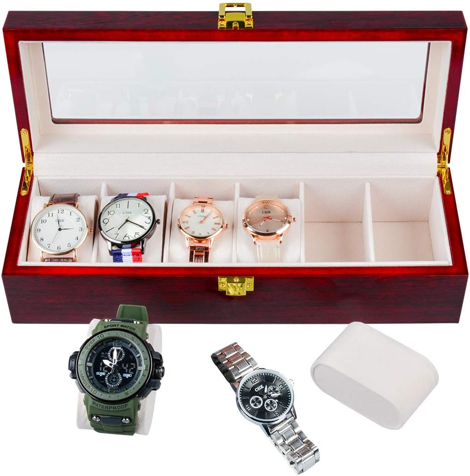 Wooden Paint Watch Box-6 Wide Watch Slots Vintage Watch Box Wooden Watch Box, Metal Buckle Watch Case for Men's Jewelry Flower Pear: Home Improvement