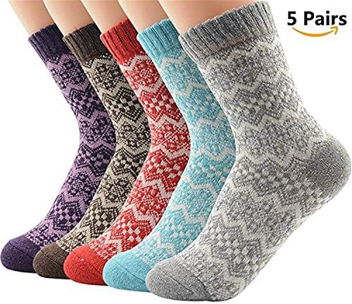 Ladies Wool Socks Women's Warm Thermal Boot Socking For Winter Big Girls Vintage Knitted Funky Socks 5-pack By YAMENUSA