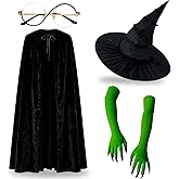 Seshfaha Witch Costume Accessory Set – Black Pointed Hat, Round Glasses, Green Claw Gloves & Velvet Cape for Halloween, Cosplay & Dress-Up