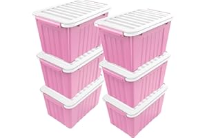 Nazhura Plastic Storage Bin, Stackable and Nestable Storage Boxes with White Lids and Secure Latching Buckles, Large Storage Container (Pink/White, 72Quart-6Pack)