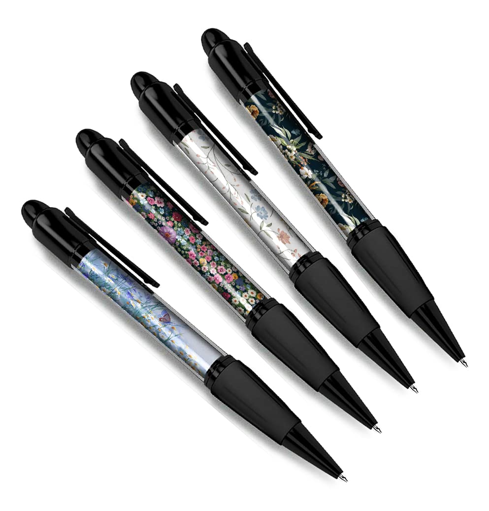 DV DESIGN Set of 4 Floral Black Ballpoint Pens - Flowers Field Pattern Print Spring Summer Friends Boys Girls Men Women Theme Gift #79355