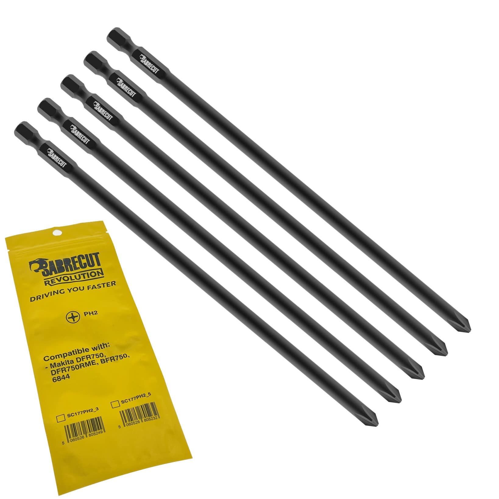 5 x SabreCut SC177PH2_5 177mm PH2 Compatible with Makita DFR750 DFR750RME BFR750 6844 P-67804 Autofeed Collated Drywall Screwdriver Gun Bit Single Ended Phillips No.2 Heavy Duty