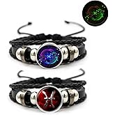 2Pcs Multilayer Constellation Zodiac Leather Bracelet Vintage Black Leather Bracelet Adjustable Handmade Woven Bracelet Birthday Trendy Jewelry for Women Men