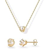 PAVOI 14K Gold Plated Round Shell Pearl Jewelry Set for Women - Gold Pearl Necklace and Earring Set with Pendant Necklace and Caged Stud Earrings Pack