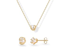 PAVOI 14K Gold Plated Round Shell Pearl Jewelry Set for Women - Gold Pearl Necklace and Earring Set with Pendant Necklace and Caged Stud Earrings Pack