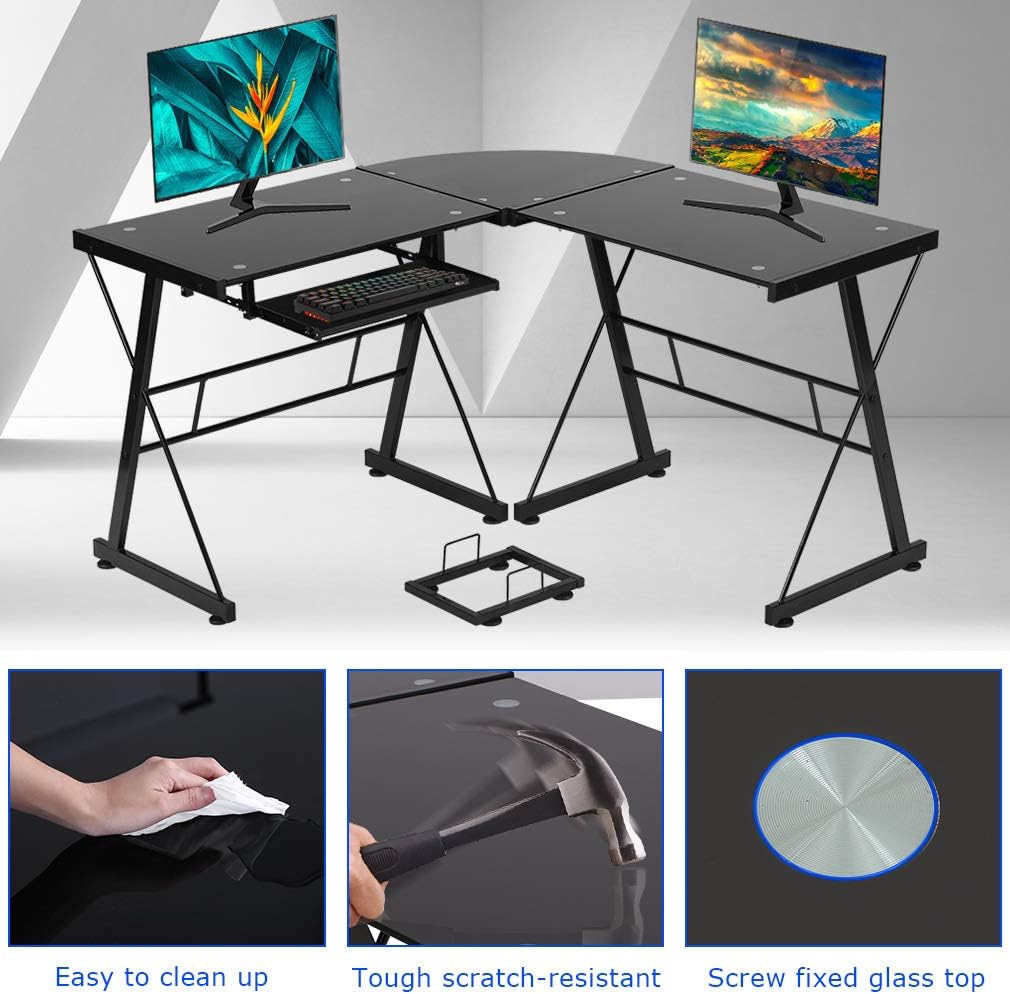 Computer Desk Gaming Desk L Shaped Corner Desk Home Office Writing Workstation Toughened Glass Study Keyboard CPU Stand PC Modern Table for Small Spaces,Black: Furniture & Decor