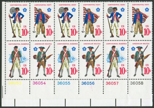 EARLY AMERICAN MILITARY UNIFORMS ~ CONTINENTAL MARINES ~ AMERICAN MILITIA ~ CONTINENTAL ARMY ~ CONTINENTAL NAVY #1568a Plate Block of 12 x 10Â¢ US Postage Stamps