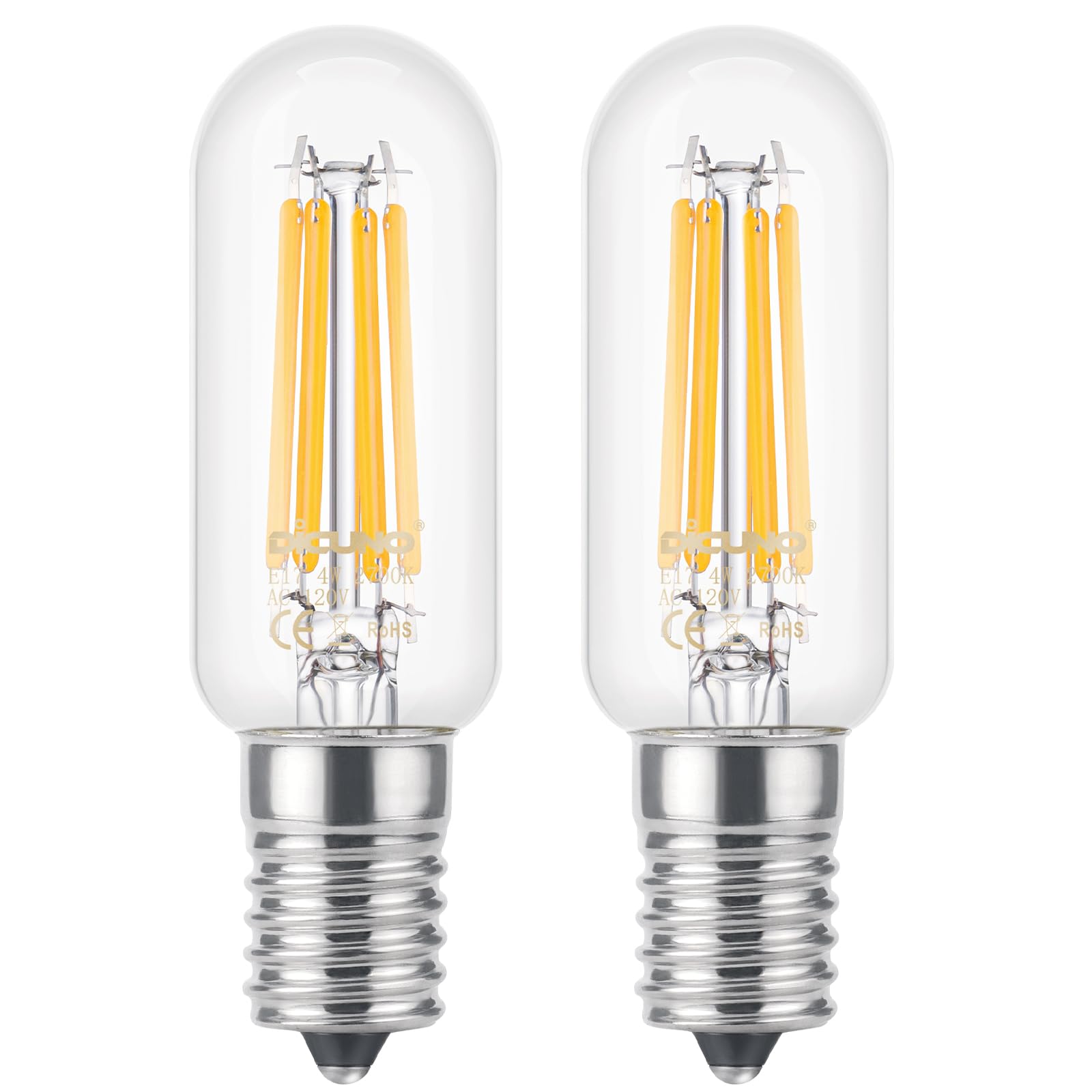 Photo 1 of DiCUNO E17 LED Tubular Filament Bulb, E17 Intermediate Base LED Tube Light Bulb, Warm White 2700K, 40W Appliance Replacement for Exit Sign Light, Refrigerator, Freezer, 400lm, 2 Pack
