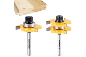 Newdeli Tongue and Groove Router Bit Set 1/4 Inch Shank - 2pcs Router Bits for 3/4" Stock, 1/2" Cutting Depth - T Shape 3 Teeth Wood Milling Cutter Woodworking Tool