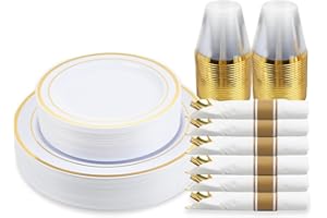 M MCIRCO 175 Piece Gold Dinnerware Set - 50 Plastic Plates, 25 Cups, 25 Pre Rolled Napkins with Plastic Silverware, Disposable Gold Dinnerware Set for 25 Guest