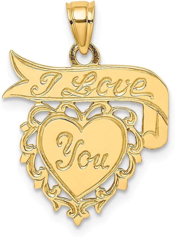 14k Yellow Gold I Love You Heart Banner Pendant Charm Necklace Fine Jewelry For