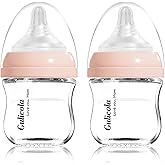 Gulicola Small Glass Baby Bottle for Newborn Breastfeeding Babies, Preemie & Extra Slow Flow Nipples (SS), Anti-Colic, Breast-Like, 0 Months+, 3 oz, 2 Pack - Pink