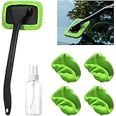 Ywdiml Car Windshield Cleaning Tool, Microfiber Vehicle Window Cleaner with 5 Washable Reusable Cloth Pad & 1 Spray Bottle, Automotive Glass Wiper Cleaning Kit Accessories, Universal Fit (Green)