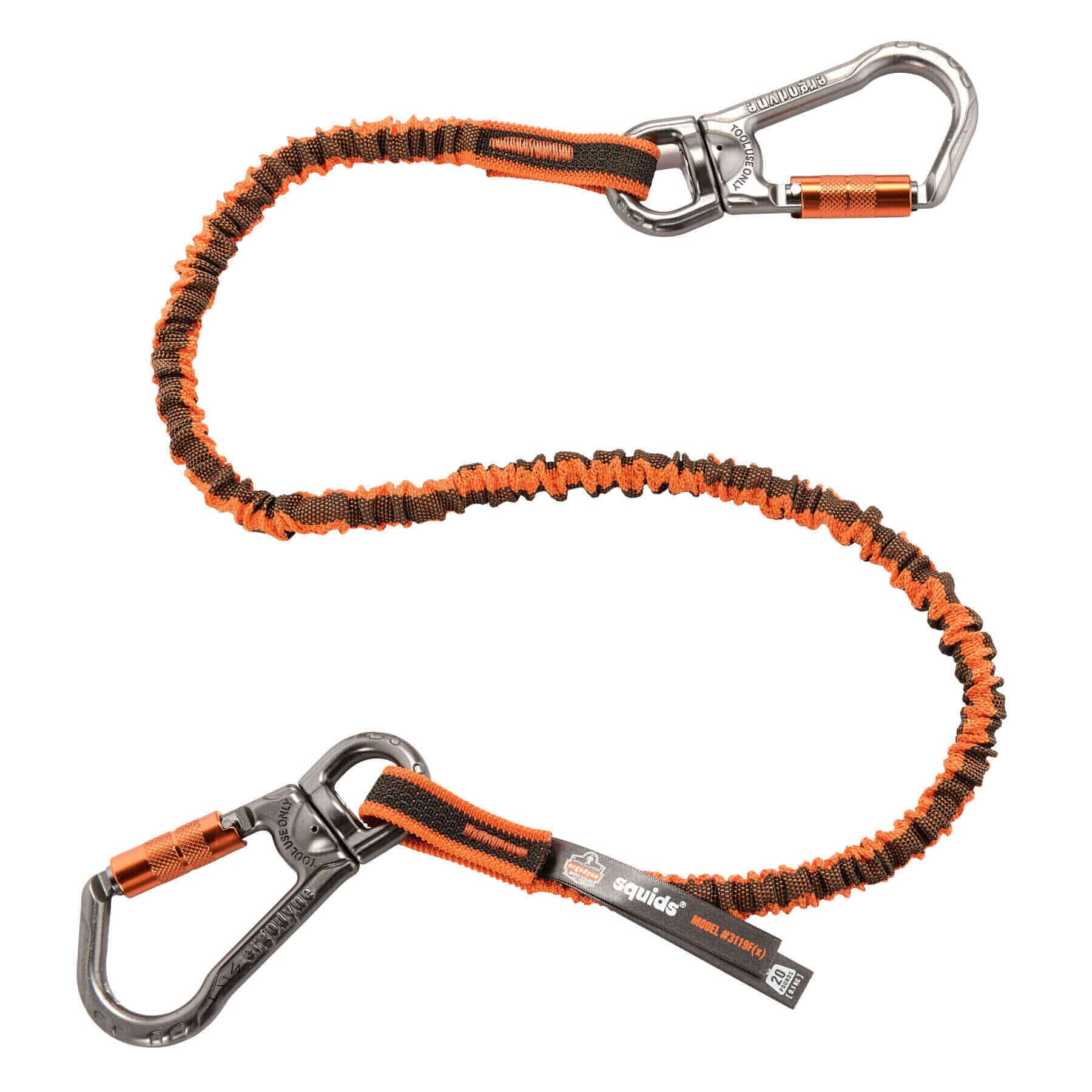 Ergodyne - 19829 Shock Absorbing Tool Lanyard with Two Double Locking Swiveling Carabiners, Tool Weight Capacity 25lbs, Squids 3119, Orange & Gray, Standard (3119F(x))