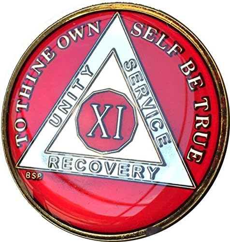 11 Year Mandarin Red AA Alcoholics Anonymous Medallion Chip Tri Plate Gold &amp; Nickel Plated Serenity Prayer