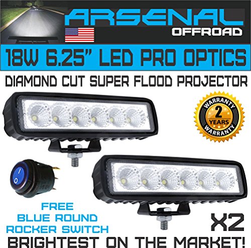 LED POD Lights ARSENAL 18W 6.25-Inch DC 9-32V 6500K 1170LM 90 Degree Waterproof LED Work Light bar for RZR X4 XP1000 Can Am X3 YXZ JK JL Truck Car UTV Flood Light Bar Black Free Blue Rocker Switch